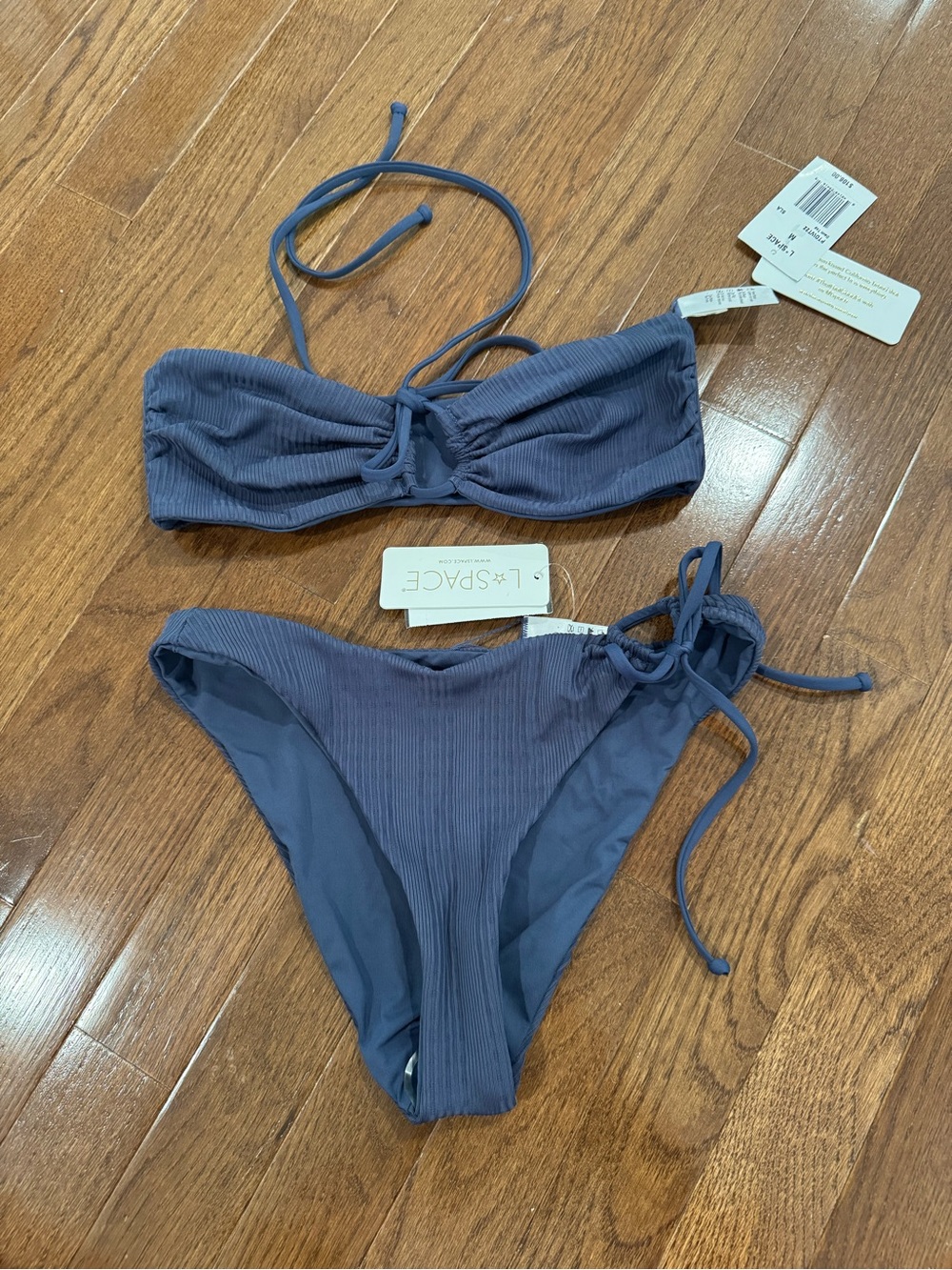 l*space Slate Blue Ribbed Bandeau Tie Bikini Set